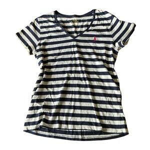 Ralph Lauren Women's Striped Preppy T-Shirt V-Neck Blue White Cotton Coastal LG